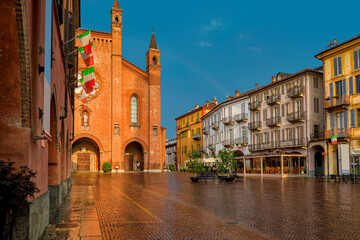 Wall Mural - San Lorenzo cathedral on central town square in Alba, Northern Italy.