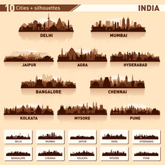 Fototapete - City skyline set. 10 vector silhouettes of India