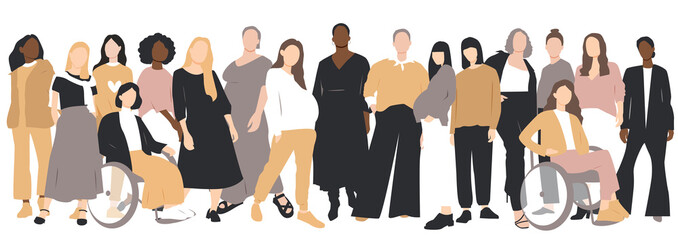 Wall Mural - Women of different ethnicities stand side by side together. Flat vector illustration.