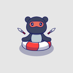 Sticker - Cute ninja bear swimming with rubber ring