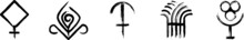 Symbols For Greek Mythology Signs. Set Of The Ancient Glyphs. Athene (Minerva), Chloris (Flora), Chronos, Demeter (Cerere), Dionysus (Bacchus). Black Ink Handwriting. Vector
