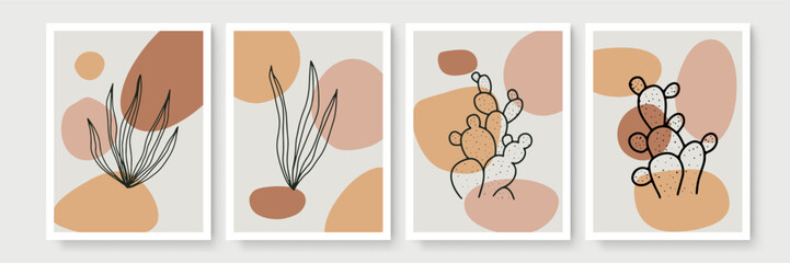 Abstract modern botanical boho poster collection. Organic bohemian wall art poster for minimal luxury interior with watercolor abstract shapes. Neutral paster color, foliage drawing. Acrylic vector