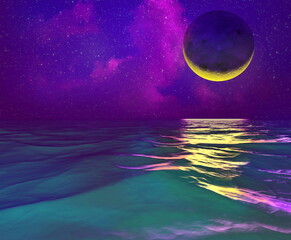 Wall Mural - golden moon crescent moon. moonscape with stars moonwalk in the ocean sea 3d render