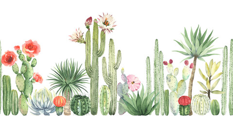 Floral horizontal border with blossom cacti and succulent, watercolor seamless pattern, colorful illustration isolated on white background in mexican style.