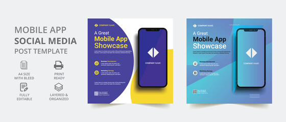 Mobile app promotion social media post template. geometric elements. mobile apps,  social media posts, banners design, and web, internet ads.