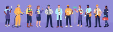 Key Workers Flat Color Vector Faceless Characters. Work Staff. Diverse Employees. Medical Worker, Farmer, Teacher. Essential Service Isolated Cartoon Illustration For Web Graphic Design And Animation
