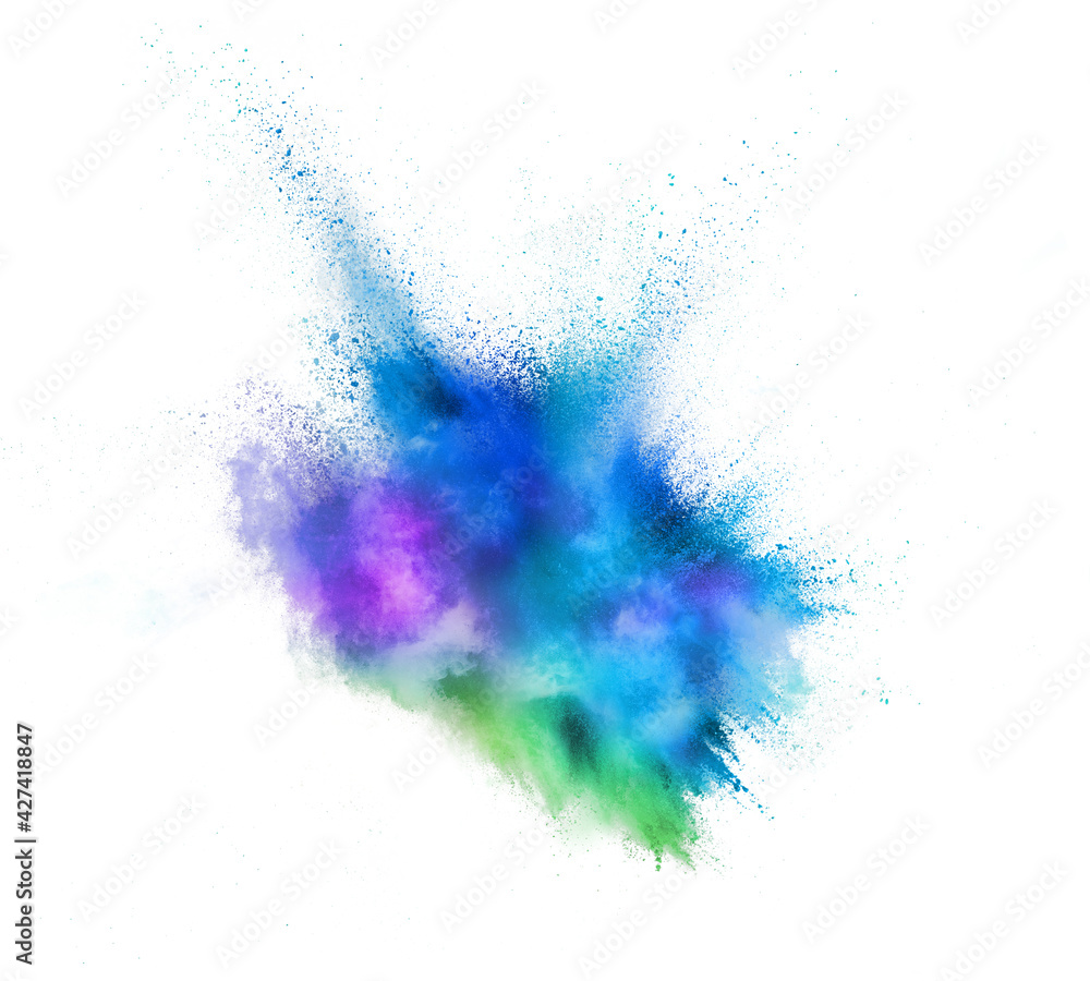 Explosion of colored, fluid and neoned powder on white studio background with copyspace - obrazy, fototapety, plakaty 