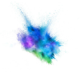 Wall Mural - Explosion of colored, fluid and neoned powder on white studio background with copyspace