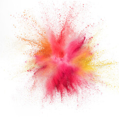 Wall Mural - Explosion of colored, fluid and neoned powder on white studio background with copyspace