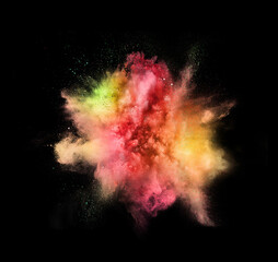Wall Mural - Explosion of colored, fluid and neoned powder on black studio background with copyspace