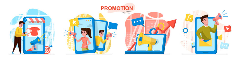 Aufkleber - Promotion concept scenes set. Marketing team attracting buyers, makes advertising content at mobile application. Collection of people activities. Vector illustration of characters in flat design