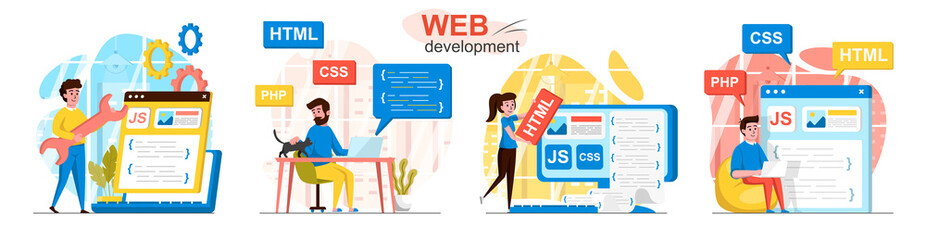 Aufkleber - Web development concept scenes set. Developers code in different programming languages, create web pages, interfaces. Collection of people activities. Vector illustration of characters in flat design