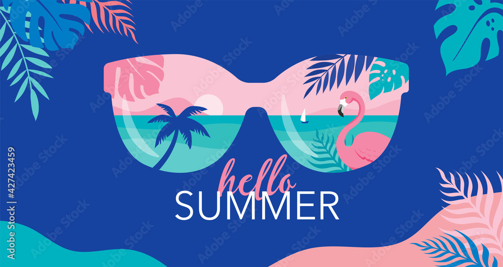 Summer time fun concept design. Creative background of landscape, panorama of sea and beach on sunglasses. Summer sale, post template - obrazy, fototapety, plakaty 