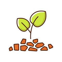 Sticker - Mulch RGB color icon. Layer of wooden material applied to the surface of soil. Improving fertility and health of soil to grow plants. Isolated vector illustration