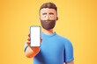 Happy cartoon beard character man show smartphone with white blank mock up screen over blue background.