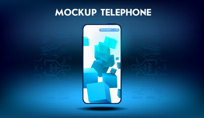 Wall Mural - Realistic smartphone mockup. Innovation phone mockup. Elegant smartphone mockup in futuristic design on blue neon background with Sci-Fi elements. Demonstration of ips matrix or amoled phone display