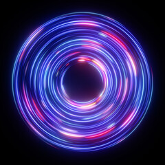 3d render, abstract background with round vortex in ultraviolet spectrum. Pink blue neon lines spinning around the black hole