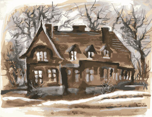 An old manor house on a background of trees. Sketch, monochrome watercolor, sepia.