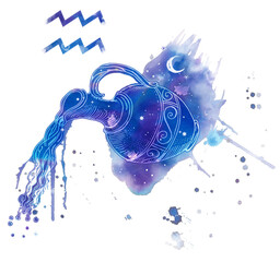 aquarius symbol. pouring water antique jar on sky blue watercolor splash texture. astrology, fortune