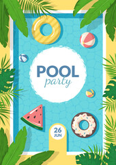 Canvas Print - Cartoon Color Summer Pool Party Concept Template Poster Banner Card Set. Vector