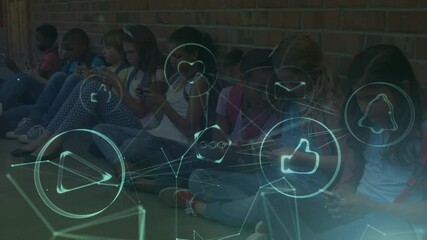 Wall Mural - Animation of network of connections with digital icons over school children using electronic devices