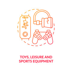 Toys, leisure and sports equipment concept icon. E-waste type idea thin line illustration. Gym gadgets. Running machines. Electronic childrens toys. Vector isolated outline RGB color drawing