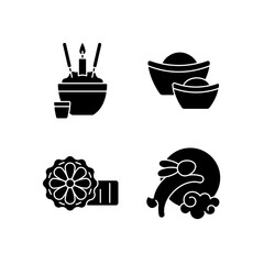 Wall Mural - China national holidays black glyph icons set on white space. Rice bowl. Gold ingots. Mooncakes. Moon hare. Chinese funeral tradition. Wealth symbol. Silhouette symbols. Vector isolated illustration