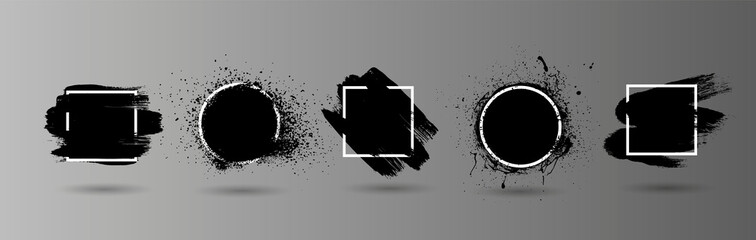 Poster - Black grunge splashes stencil with frame. Graffiti spray paint, different shapes. Dirty artistic design elements with frame for text. Grunge box with ink brush strokes and spray splash. Vector set