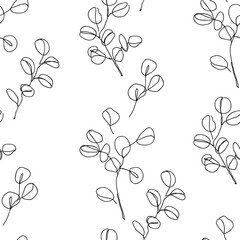 Wall Mural - Eucalyptus branches in modern single line art style, seamless pattern. Continuous line drawing, aesthetic contour for textile, packaging, wallpapers, wrapping paper. Vector illustration