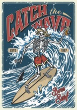 Ocean Surfing Vintage Colorful Poster