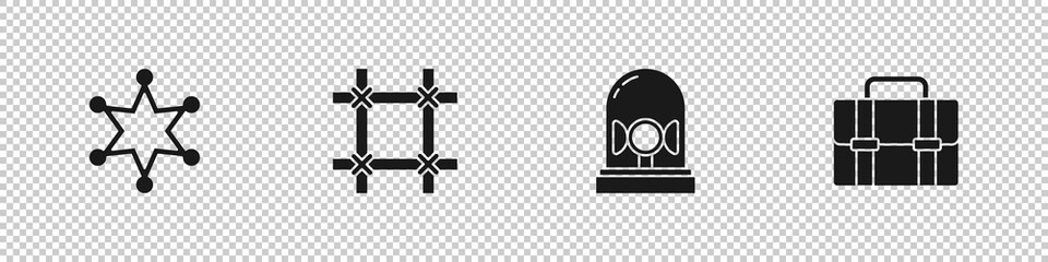 Sticker - Set Hexagram sheriff, Prison window, Flasher siren and Briefcase icon. Vector