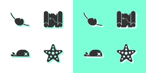 Sticker - Set Starfish, Pirate eye patch, bandana for head and treasure map icon. Vector