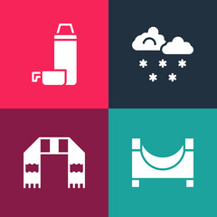 Sticker - Set pop art Skate park, Winter scarf, Cloud with snow and Thermos container icon. Vector