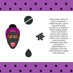 Wall Mural - Girl in a black face mask.  Homemade mask recipe with activated charcoal, honey and cream Template with ingredients and place for text. The face of a smiling girl.