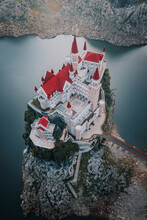 Aerial View Of Jilong Castle Country Club, A German Style Castle On The Lake In Guizhou, China.