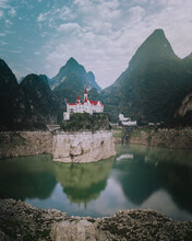 Aerial View Of Jilong Castle Country Club, A German Style Castle On The Lake In Guizhou, China.