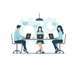 Office people teamwork. Communication and brainstorming. Colored flat vector illustration. Isolated on white background.