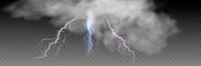 Vector Realistic Dark Stormy Sky With Clouds, Heavy Rain And Lightning Strikes.