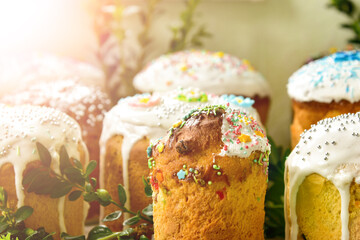 Kulich cake with young green sprigs, symbol of Traditional Russian, Ukraine Orthodox Easter