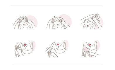 Wall Mural - Beauty Girl Take Care of her Damaged Hair and Applying Treatment Serum on Hair Roots and Tips. Woman Making Haircare Procedures.  Flat Line Vector Illustration and Icons set.