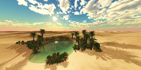 Wall Mural - Oasis in the desert, palm trees in the desert near the water, pond with palm trees in the desert sand,,, 3d rendering