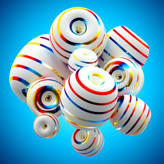 3d render of abstract art composition with flying surreal balls rings donuts or marsh-mellow in round soft forms in white matte plastic with metal stripes on surface in rainbow gradient color on blue 