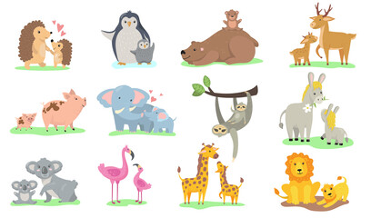 Wall Mural - Bright little animals with their moms flat pictures collection. Cartoon cute penguin, elephant, giraffe with parent isolated vector illustrations. Family and wild animals concept