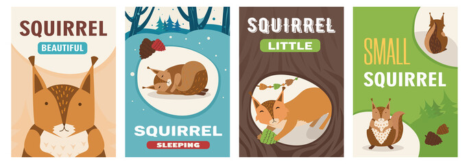 Wall Mural - Creative poster collection with cute little cartoon squirrel character. Vivid brochures with mammal with nut sleeping in forest in winter, sitting. Wildlife, nature concept for poster or flyer