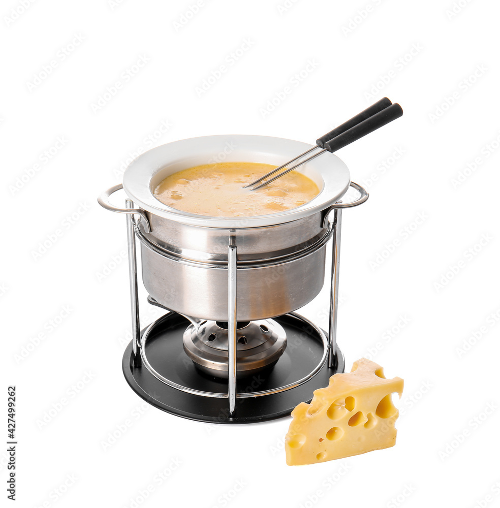 Pot with cheese fondue on white background