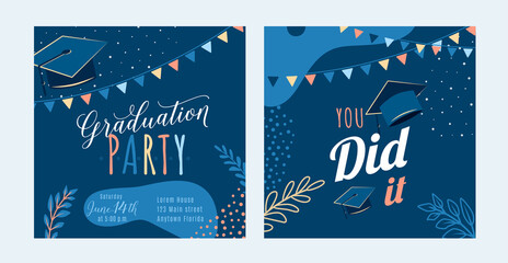 Graduation party vector background, dark invite card template. You did it text quote. Graduate design with cap, flags, plants, dots, organic shapes. Modern art minimalist style. Back and front side