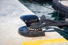 Boat Ropes On Black Mooring Bollard, Luxury Yachts Marina Pier