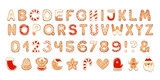 Fototapeta Londyn - Christmas gingerbread cookies alphabet with figures. Biscuit letters, characters for xmas messages and design. Vector illustration with decorations.