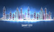 © Lagunova - Futuristic smart city vector illustration isolated on blue background, concept of technological innovative metropolis. Skyscrapers in frame polygonal style at night in the clouds