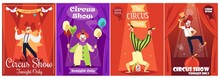 Circus Show Invitation Posters Collection With Clowns Flat Vector Illustration.